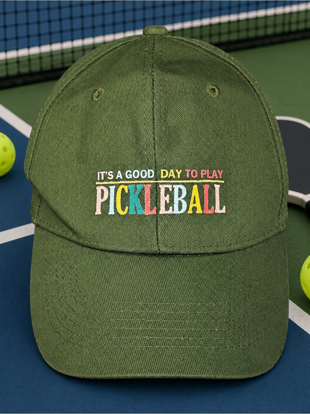 NWOT It's A Good Day To Play Pickleball Baseball Green Rainbow Colors Hat Cap